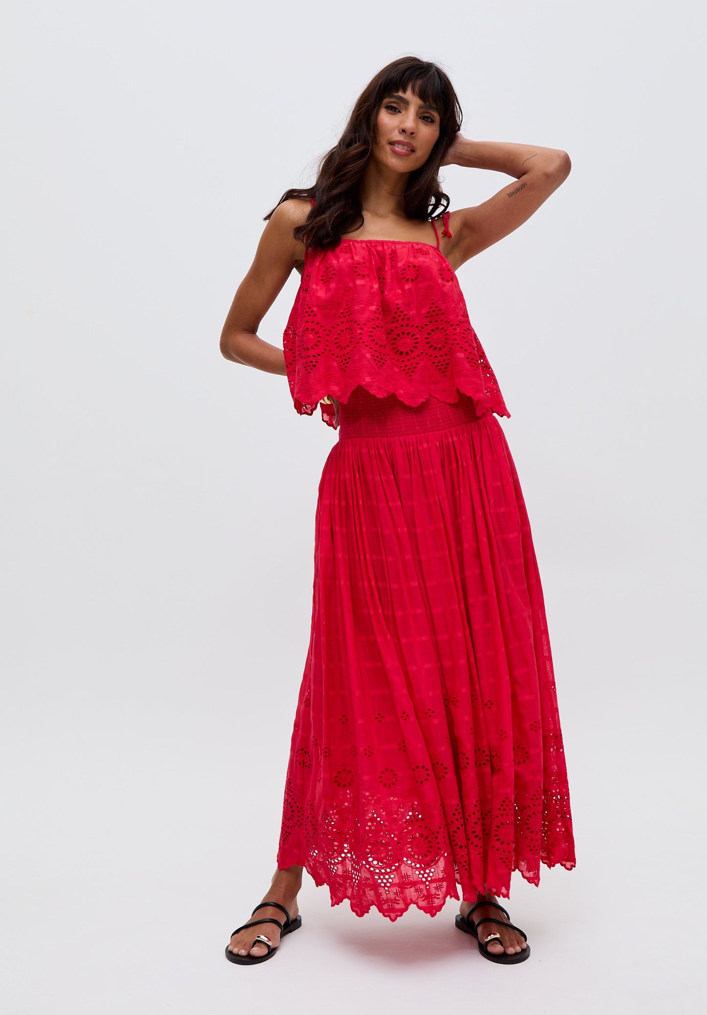 Rufa Smocked Waist Embroidered Midi Cami In Red - image 3