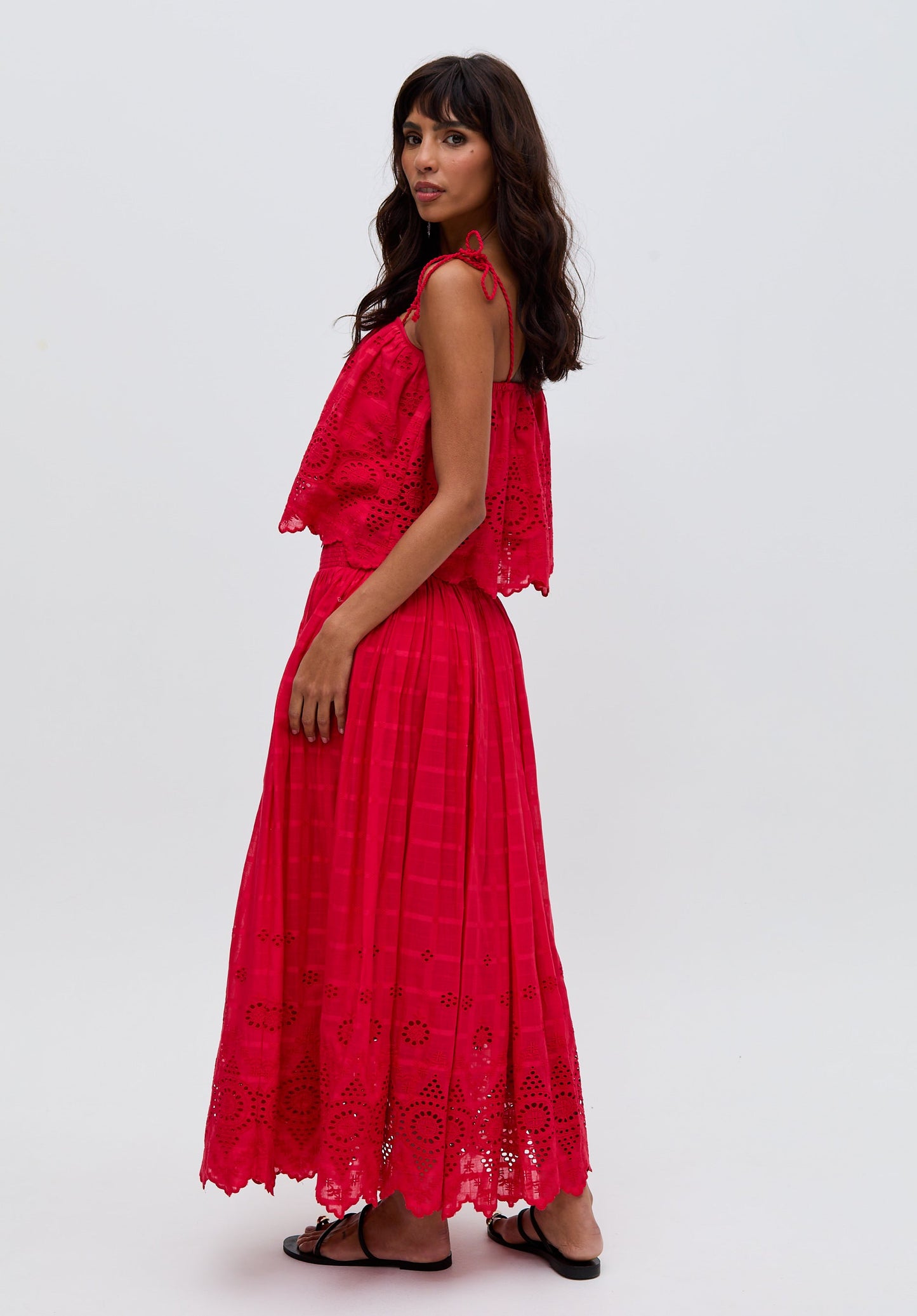 Rufa Smocked Waist Embroidered Midi Cami In Red - image 2