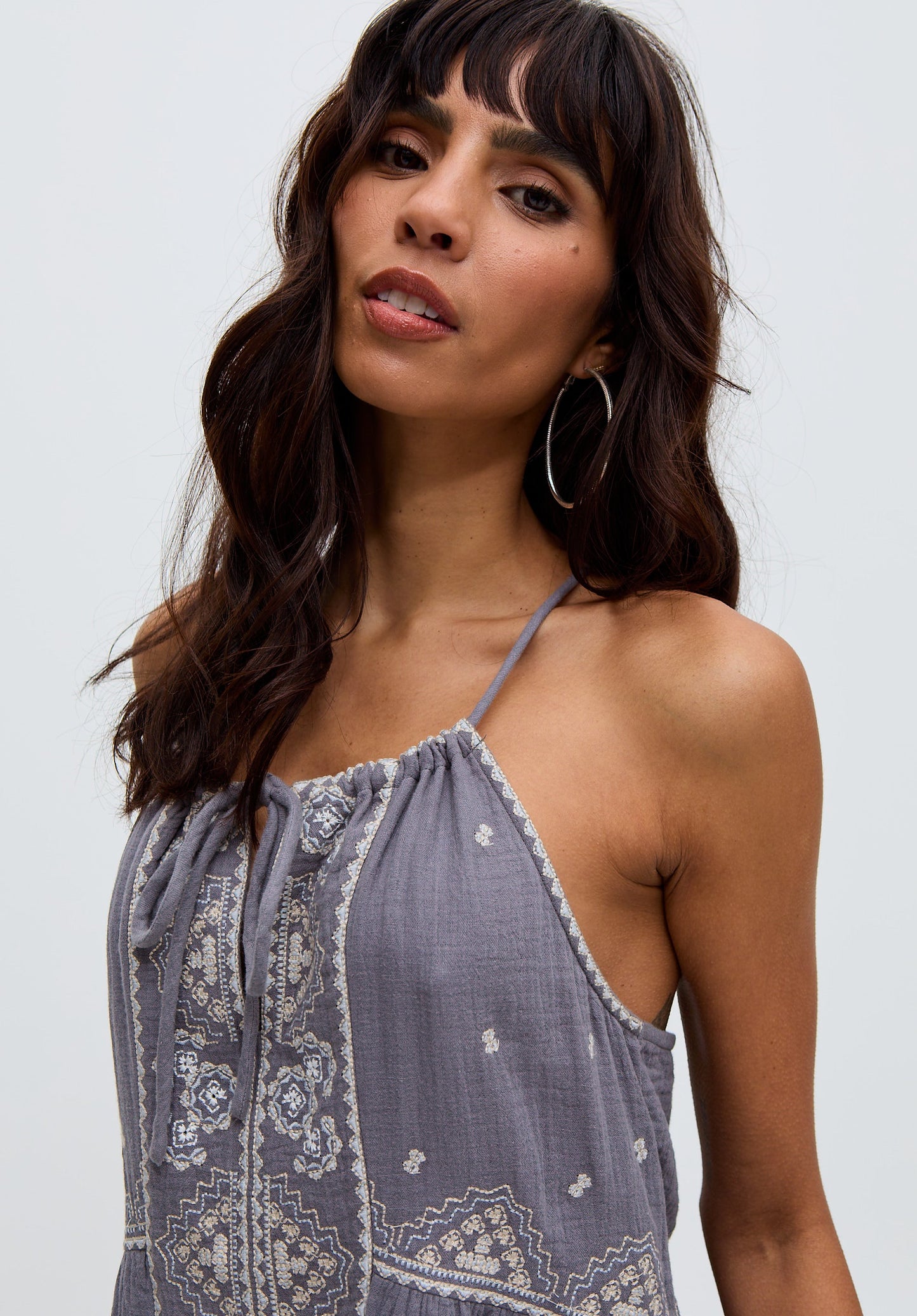 Jen Tiered All Over Embroidered Mini Dress In Grey