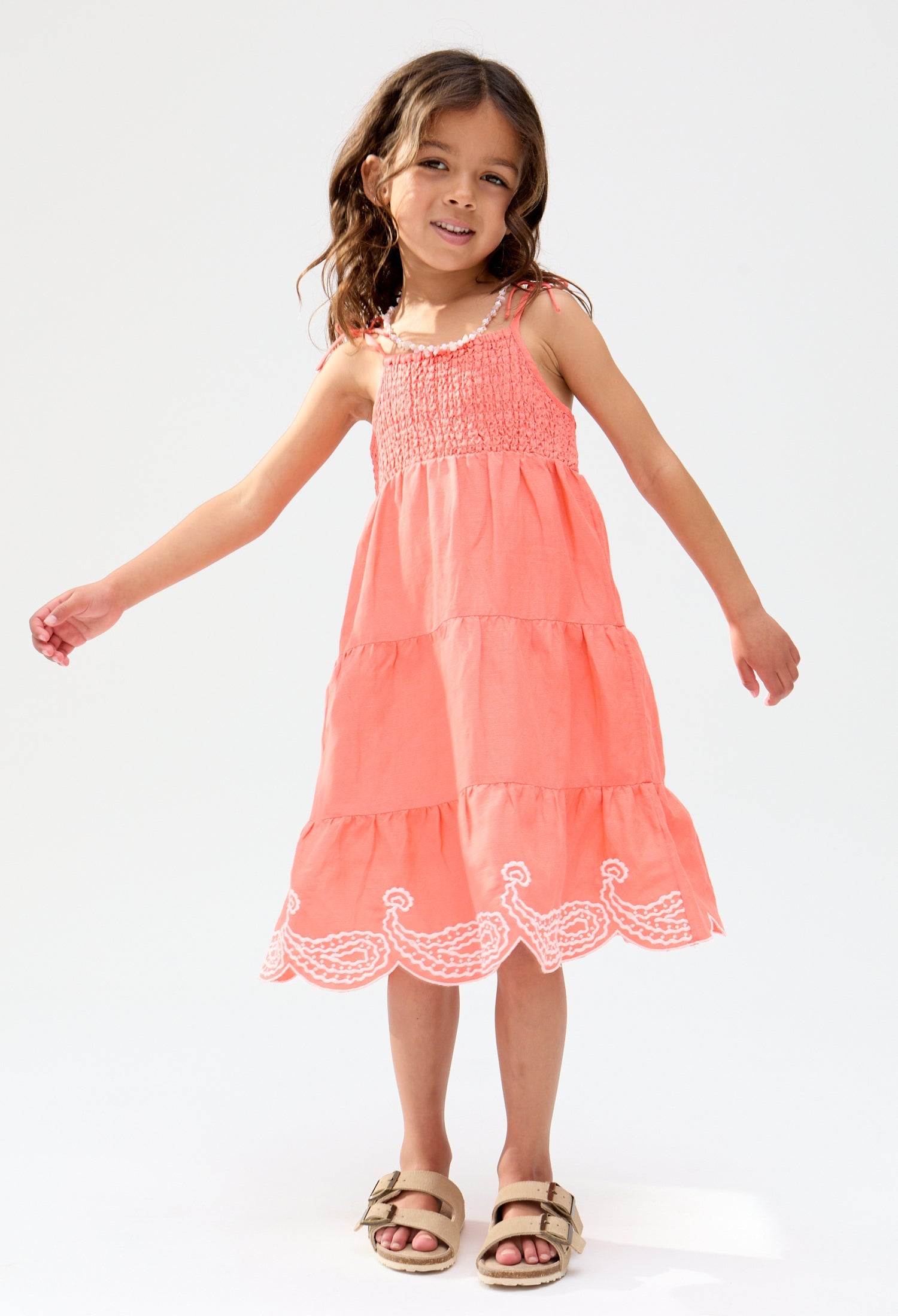 Kids Emma Shirred Bodice Scalloped Embroidered Dress In Pink - image 1