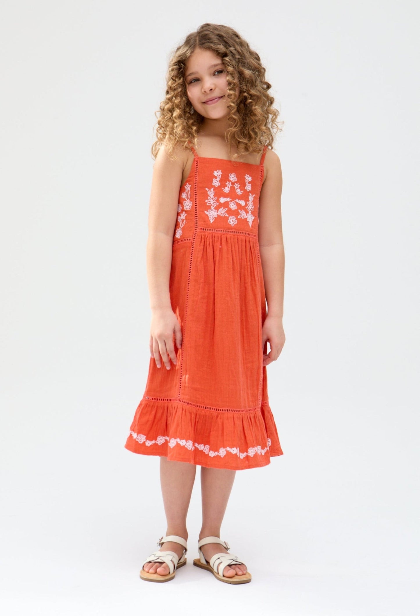 Kids Eina cotton Ladder Insert Embroidered Dress In Orange - image 1