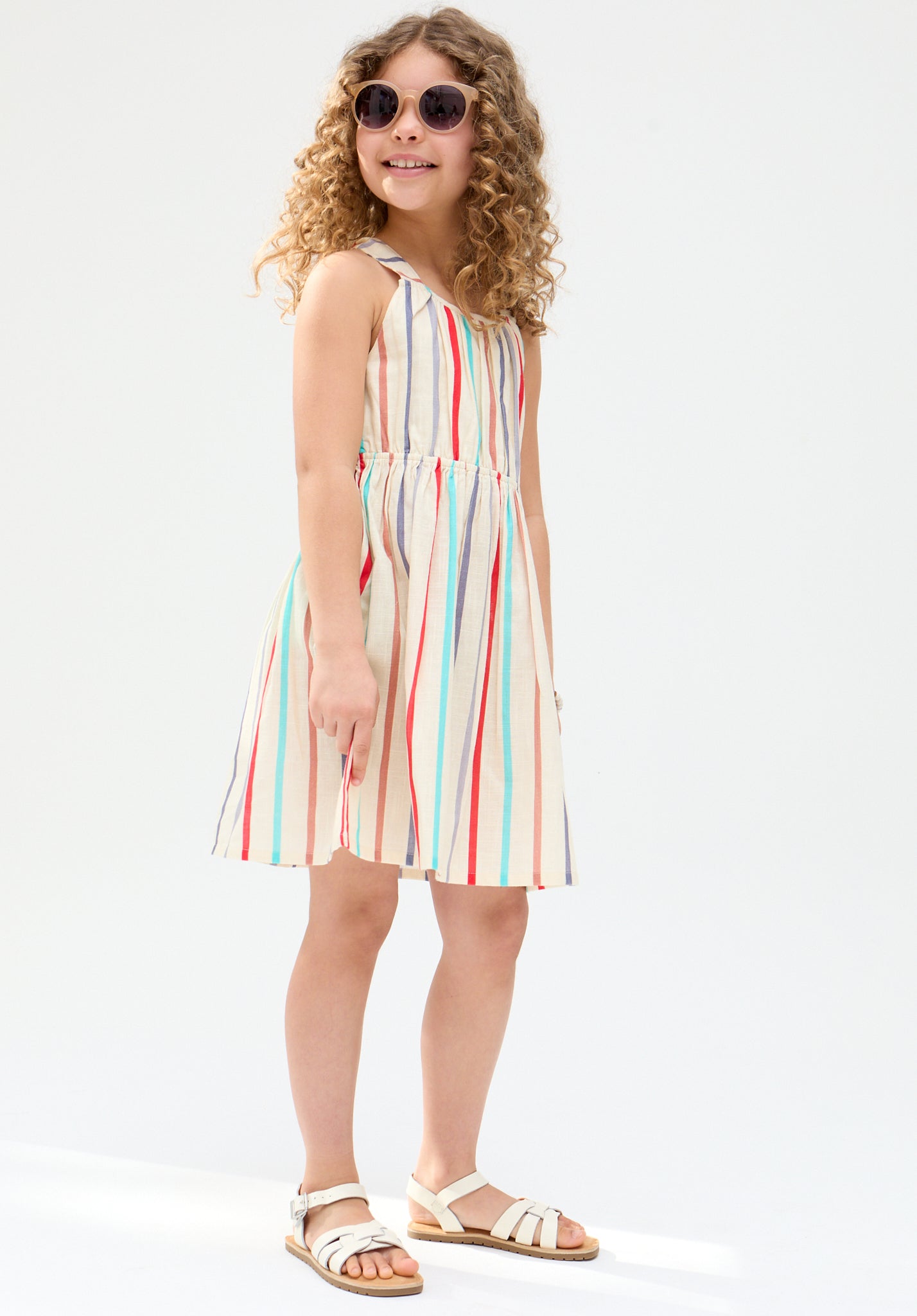 Kids Kris Cross Back Stripe Print cotton Dress In cream - image 3