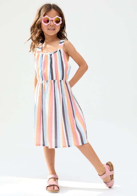 Kids Kris Cross Back Stripe Print cotton Dress In Multi - image 1