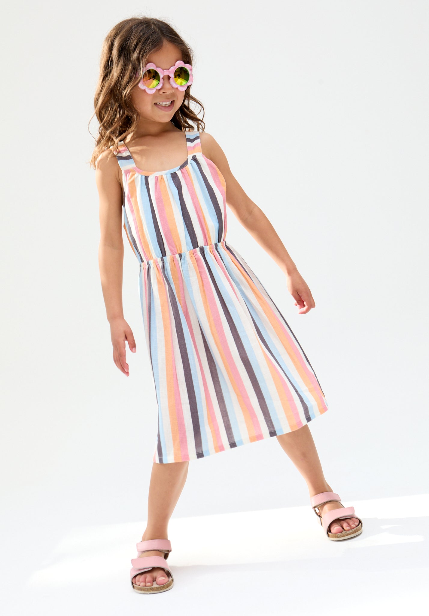 Kids Kris Cross Back Stripe Print cotton Dress In Multi - image 3