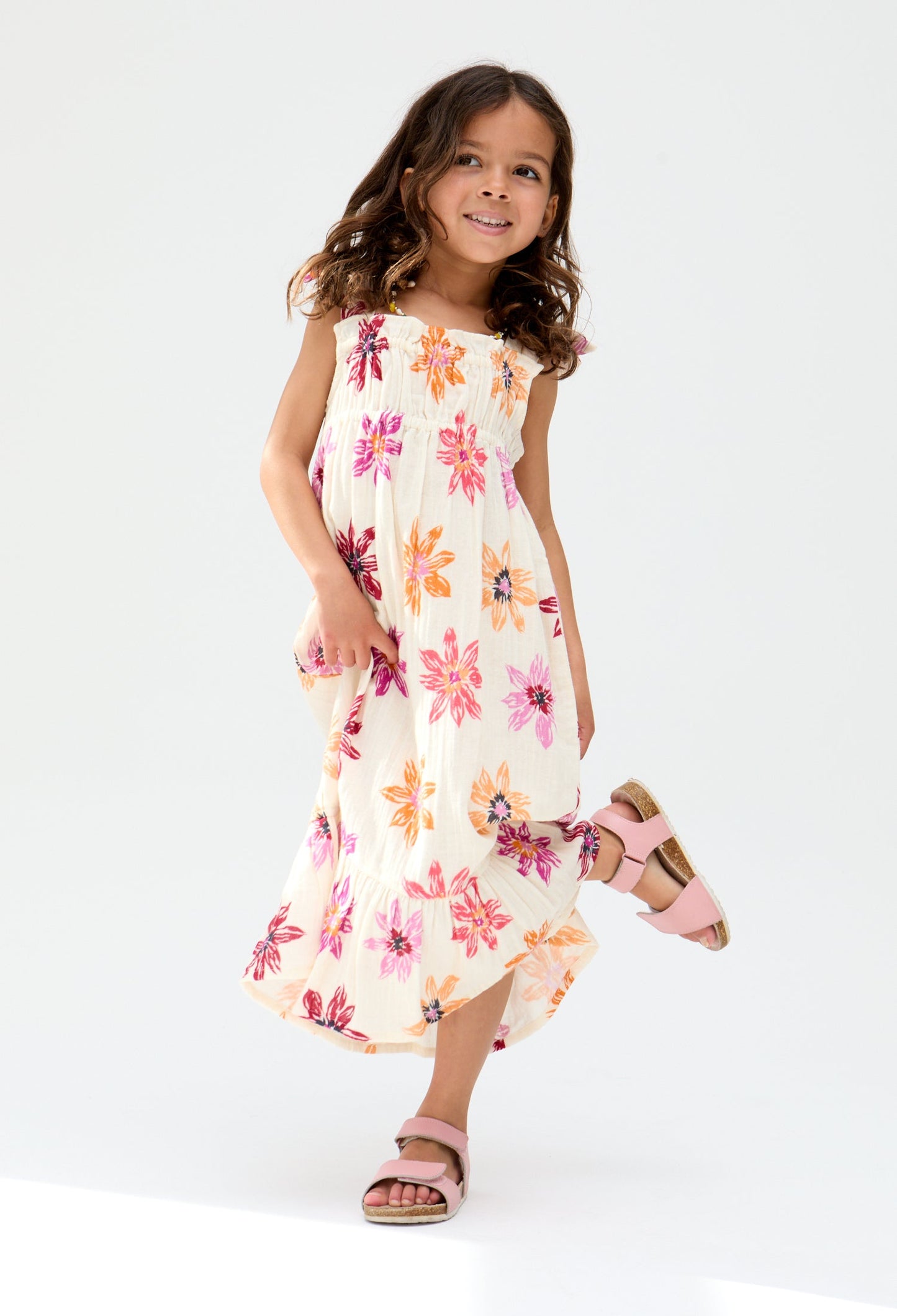 Kids Flora Gathered Hand Drawn Floral Print Dress In Multi - image 1