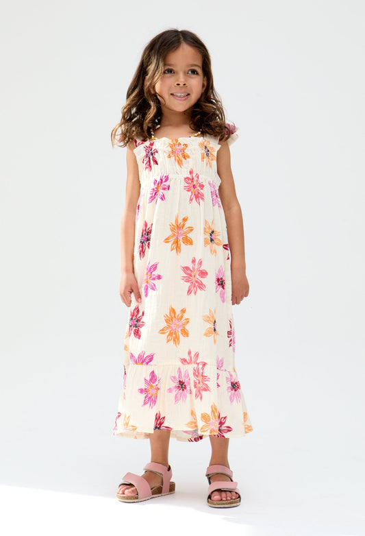 Kids Flora Gathered Hand Drawn Floral Print Dress In Multi - image 2