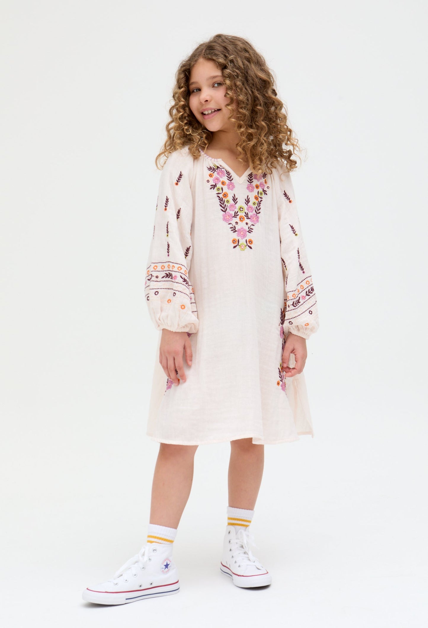 Kids Lavender cotton Full Sleeves Placement Embroidered Dress In Cream - image 1
