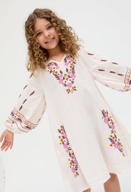 Kids Lavender cotton Full Sleeves Placement Embroidered Dress In Cream - image 3