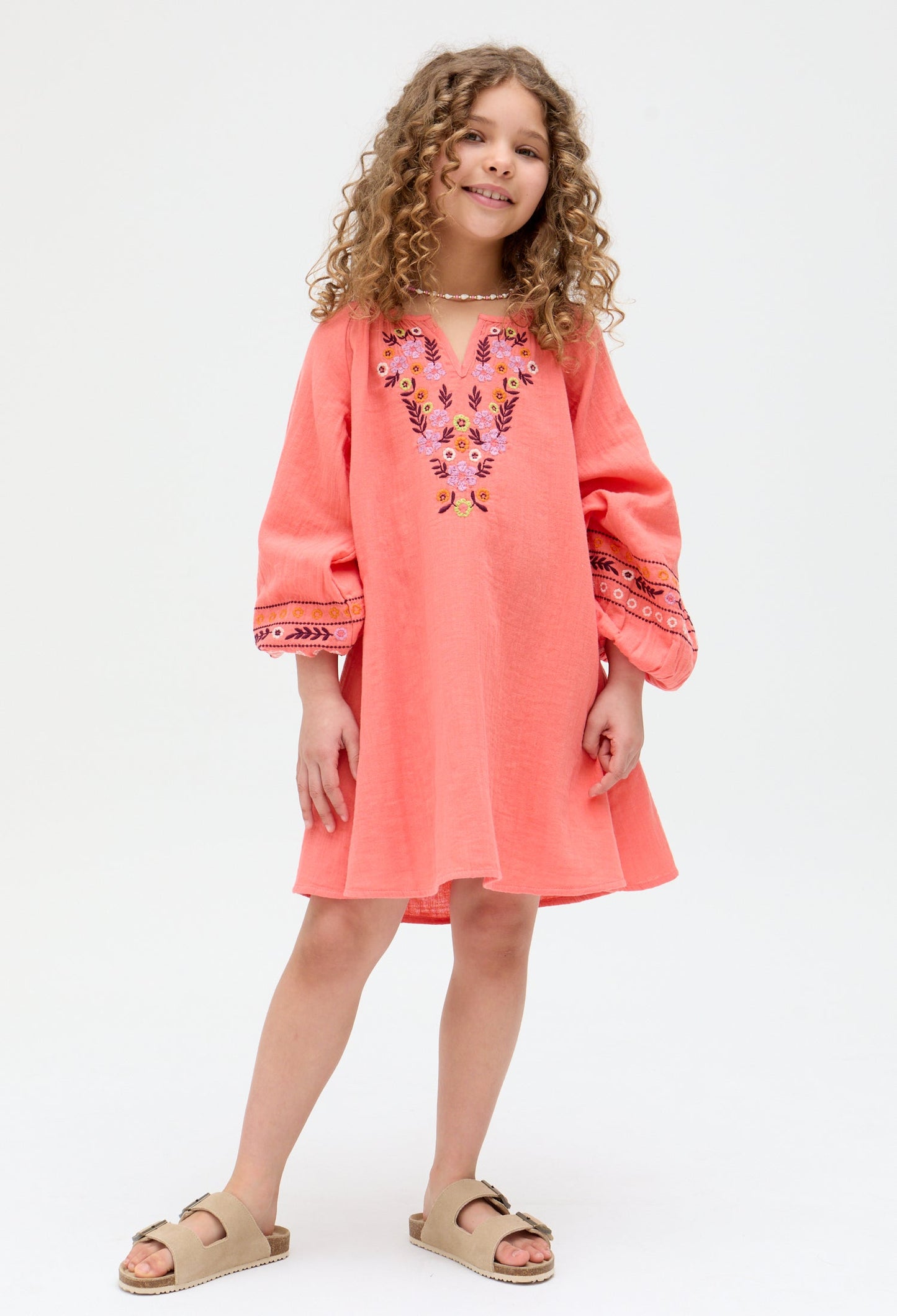 Kids Lavender Full Sleeves Placement Embroidered Dress In Orange - image 2