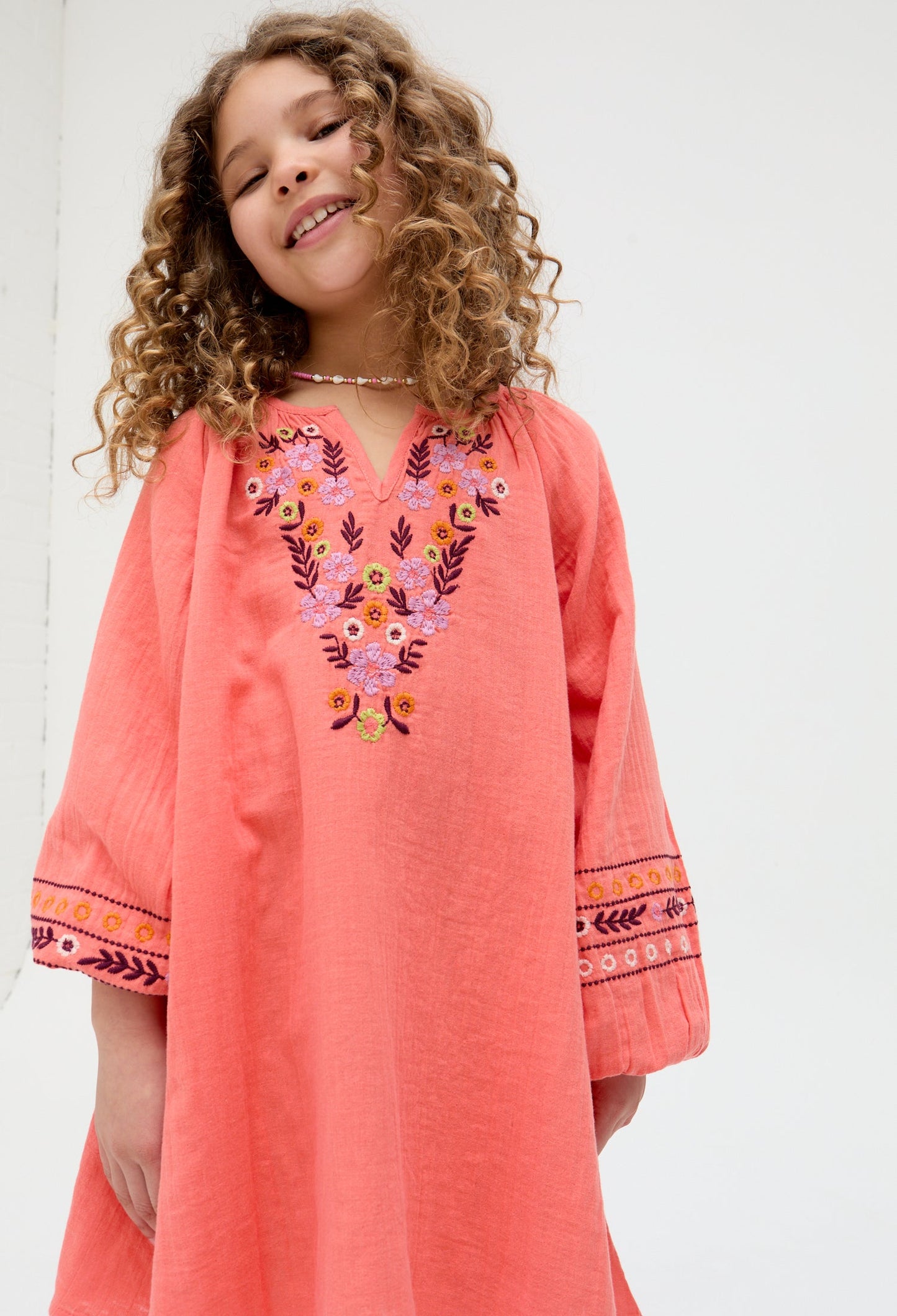 Kids Lavender Full Sleeves Placement Embroidered Dress In Orange - image 3