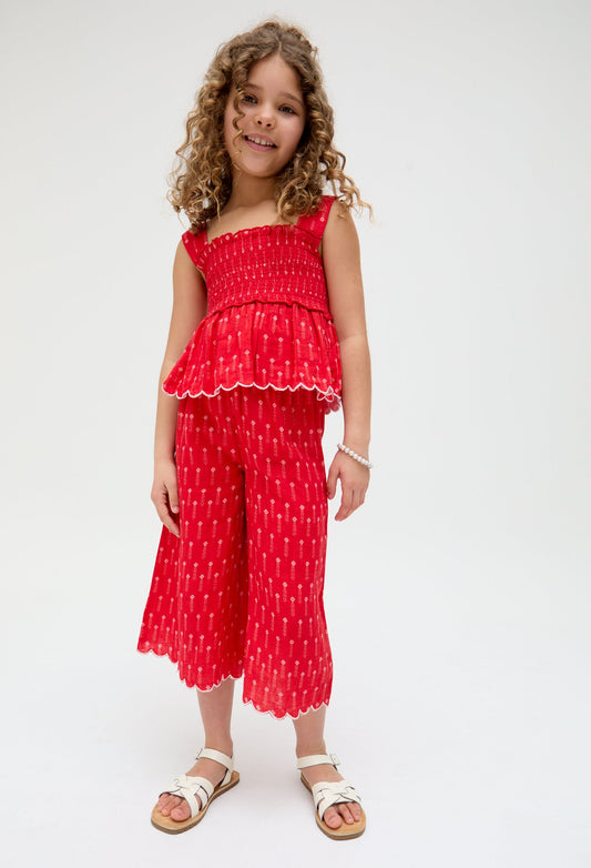 Kids Sia Shirred Floral Print Co-Ord top and trouser Set In Red - image 1