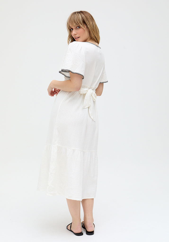 Delilah V-Neck Front Tie Midi Dress In White