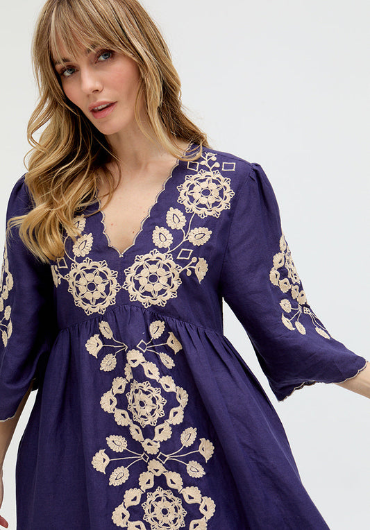 Arianna V- Neck Embroidered Maxi Dress In Blue
