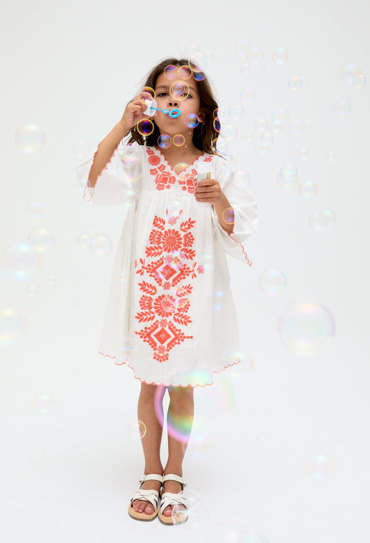 Kids cotton Arabella V- Neck Embroidered Dress In Cream - image 1