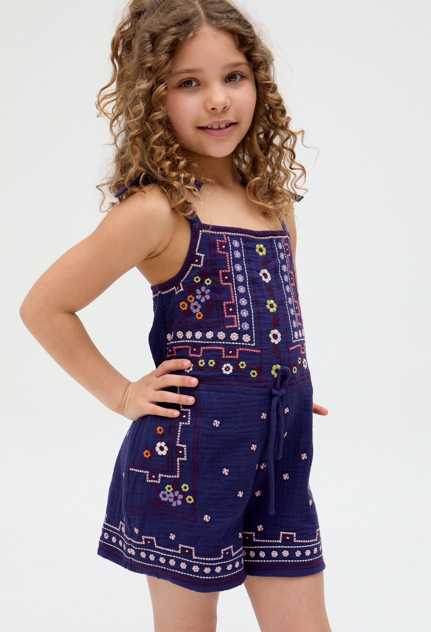 Kids Sailor Necktie All Over Embroidered Playsuit In Navy - image 2