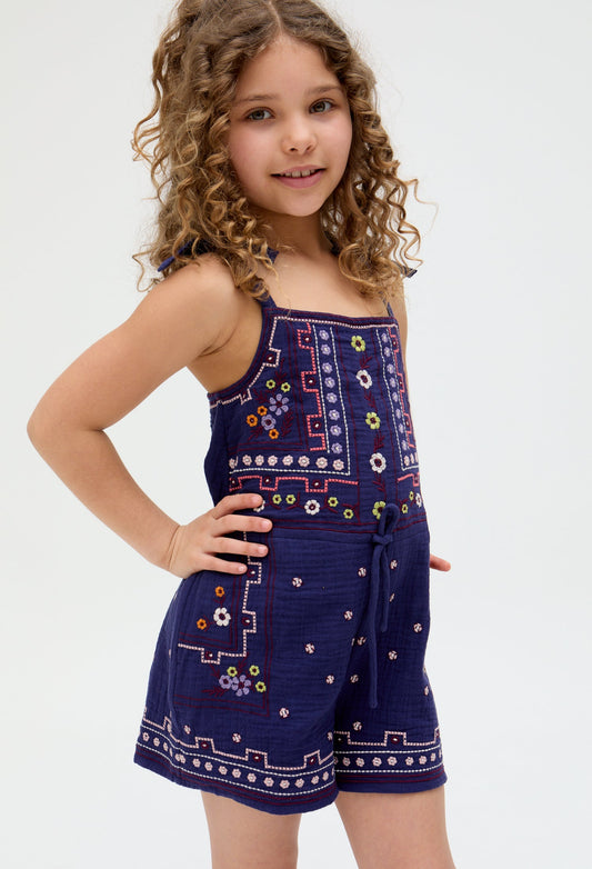 Kids Sailor Necktie All Over Embroidered Playsuit In Navy - image 2