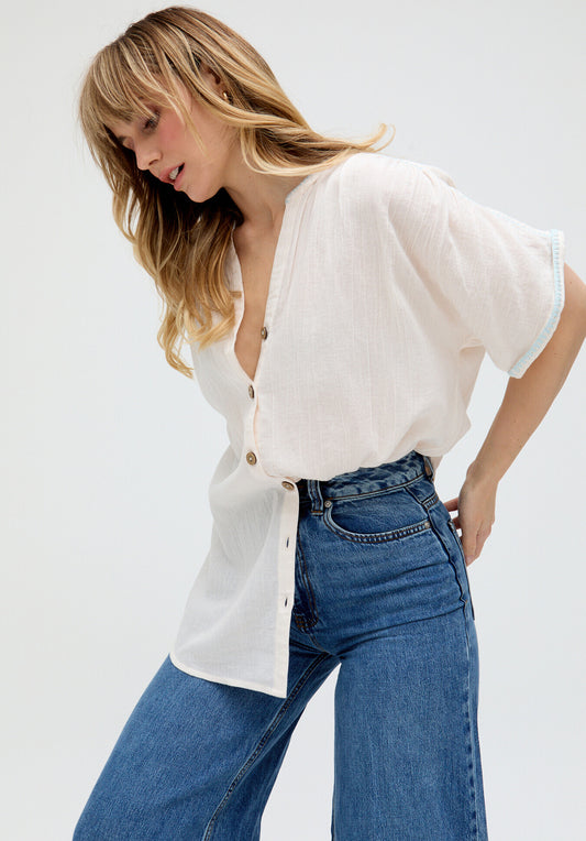 Juneeta Crop Sleeve Button Down Shirt In Cream