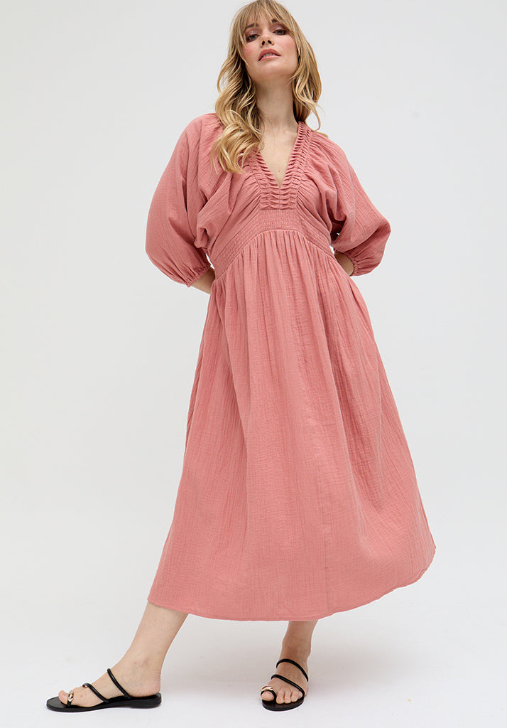 Soipoi Ruched V-Neck Midi Dress In Pink - image 3
