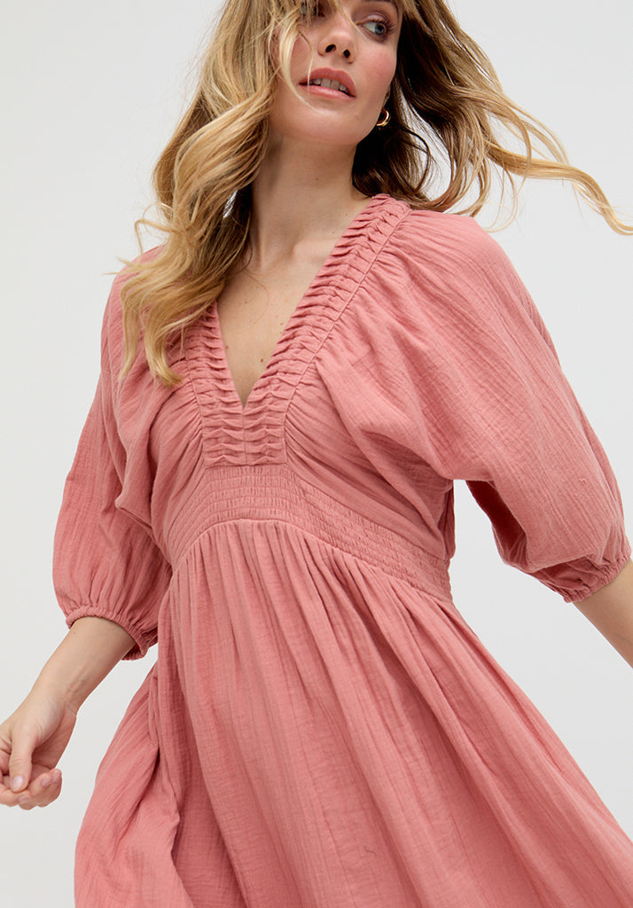 Soipoi Ruched V-Neck Midi Dress In Pink - image 2