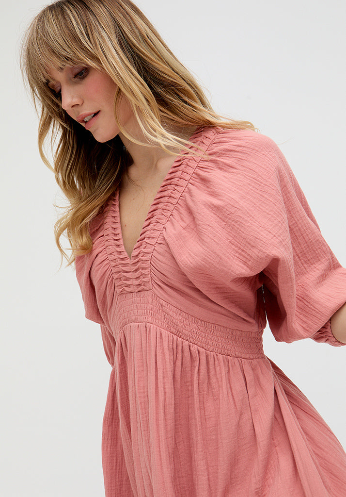 Soipoi Ruched V-Neck Midi Dress In Pink - image 4