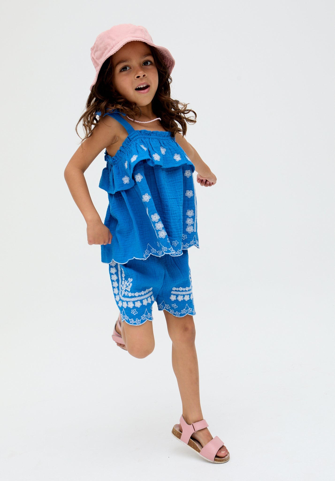 Kids Savvanah Frill Neck All Over Embroidered Co-Ord Set In Blue - image 1