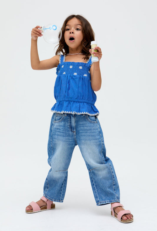 Kids Tilly Blanket Stitch Peplum Hem Blouse In Blue - image 1