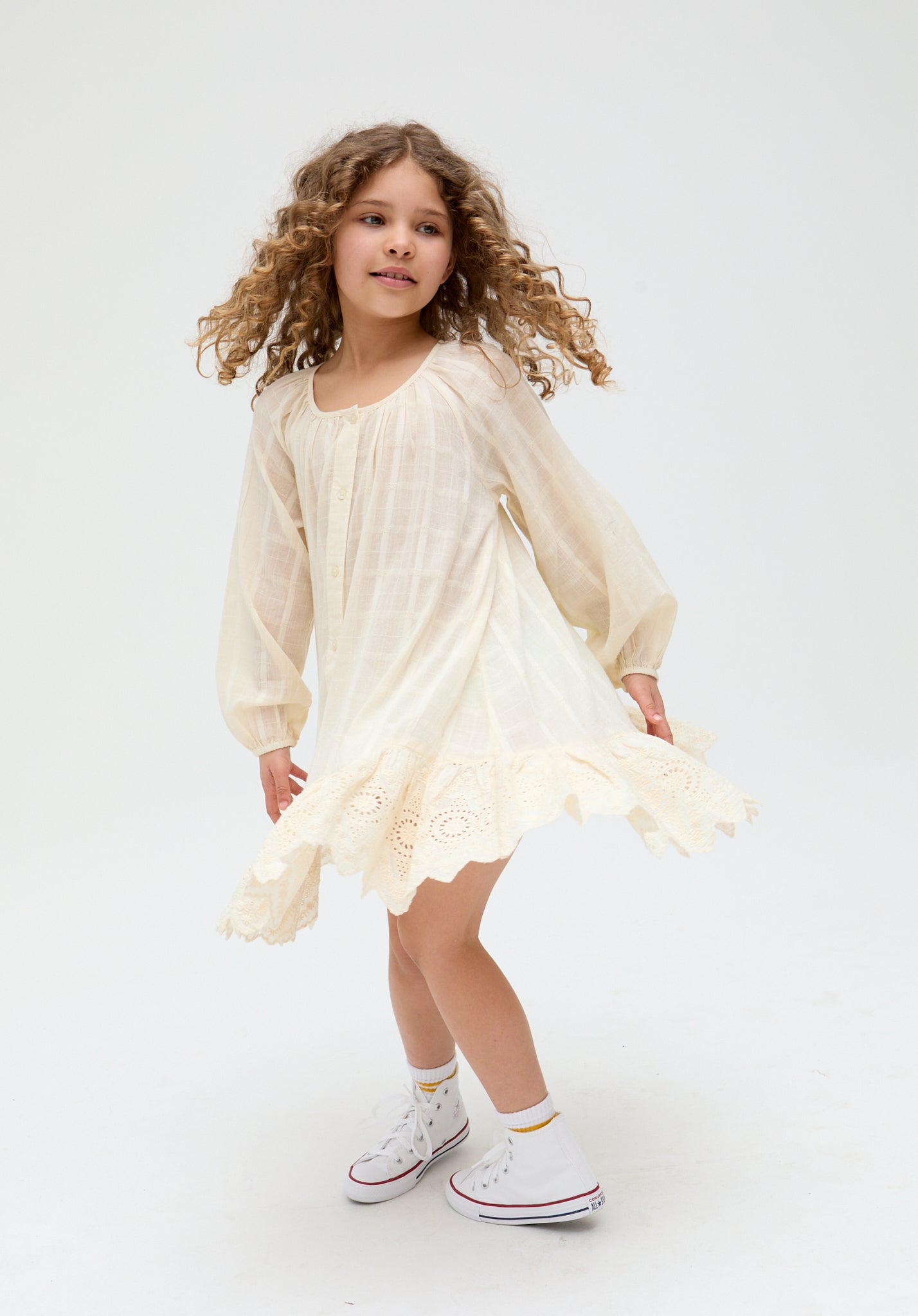 Kids Olivia Button Down Embroidered cotton Dress In Cream - image 1