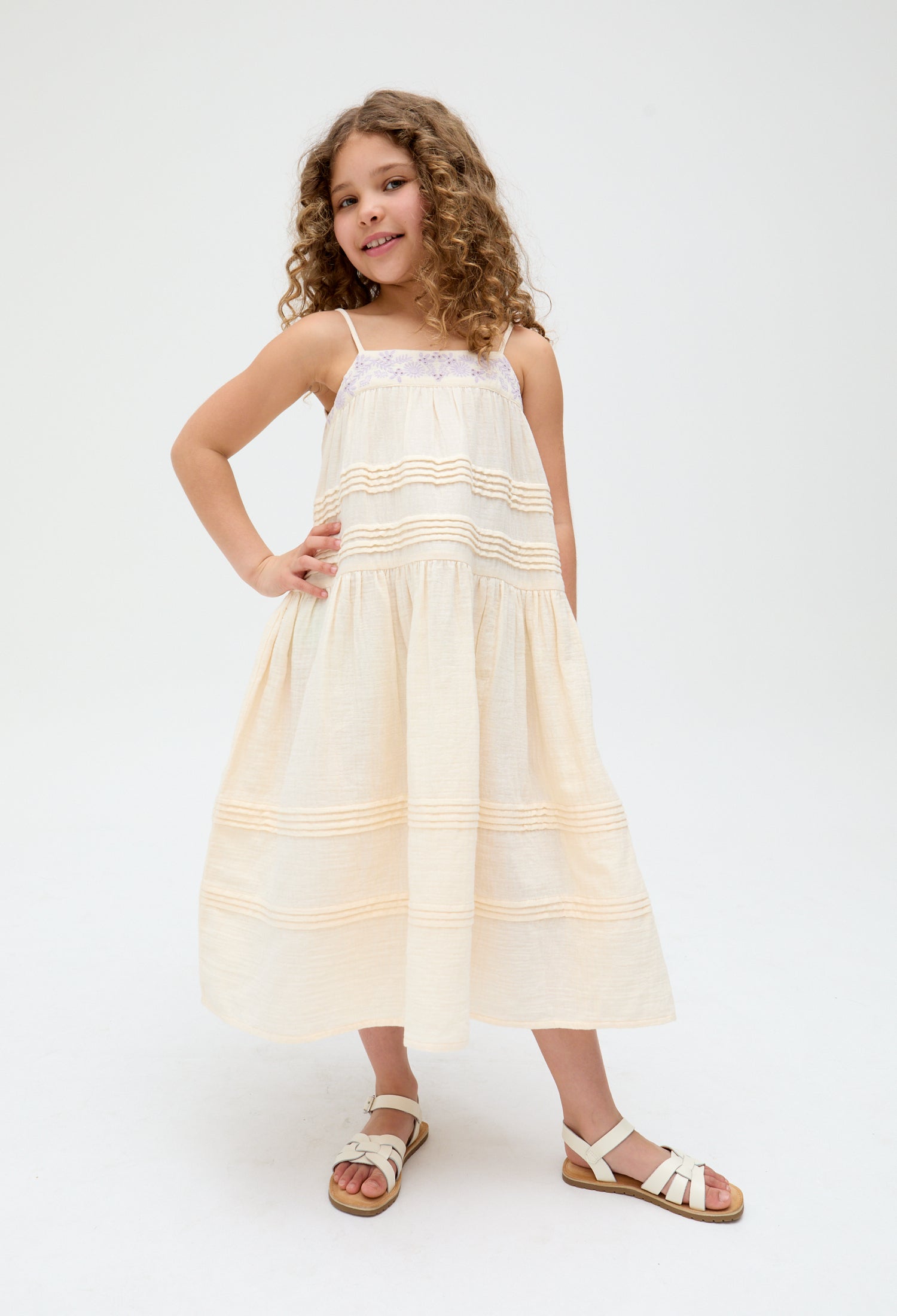 Kids Swish Pinktuck cotton embroidered Dress In Cream - image 1