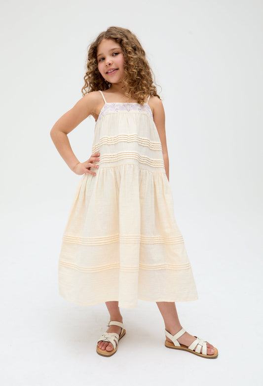 Kids Swish Pinktuck cotton embroidered Dress In Cream - image 1