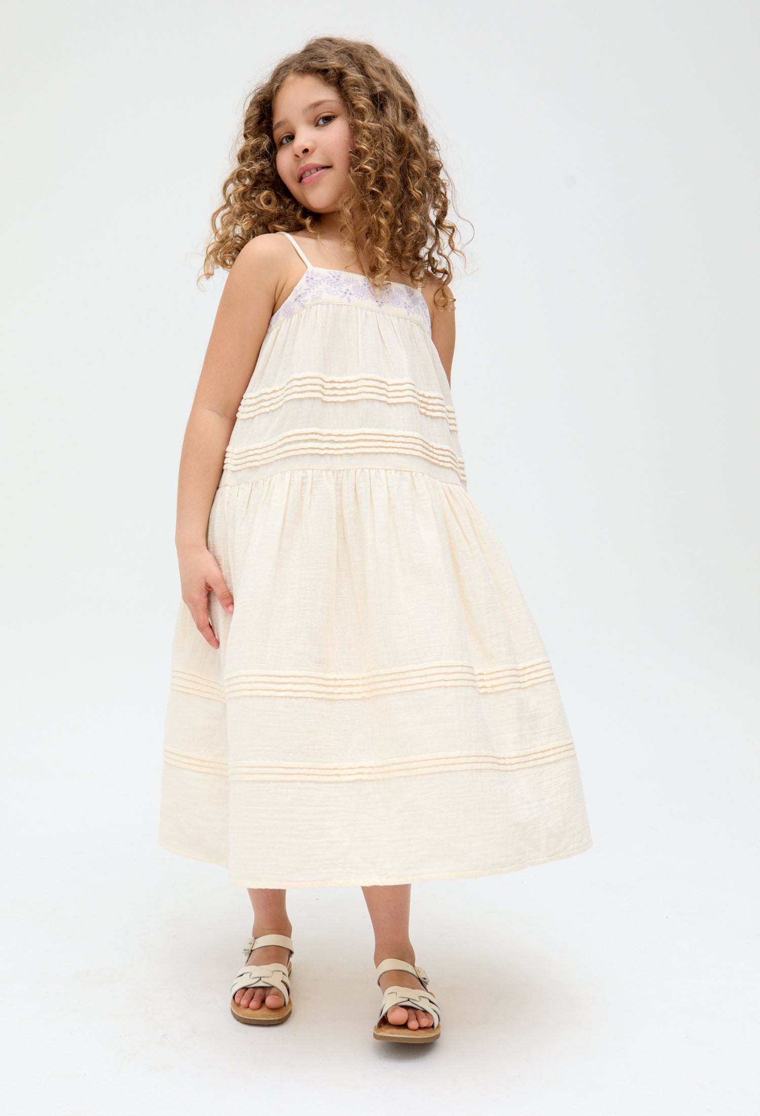 Kids Swish Pinktuck cotton embroidered Dress In Cream - image 2
