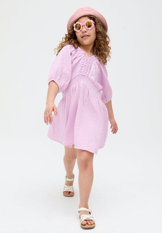 Kids Soipoi Ruched V-Neck cotton Dress In Purple - image 1