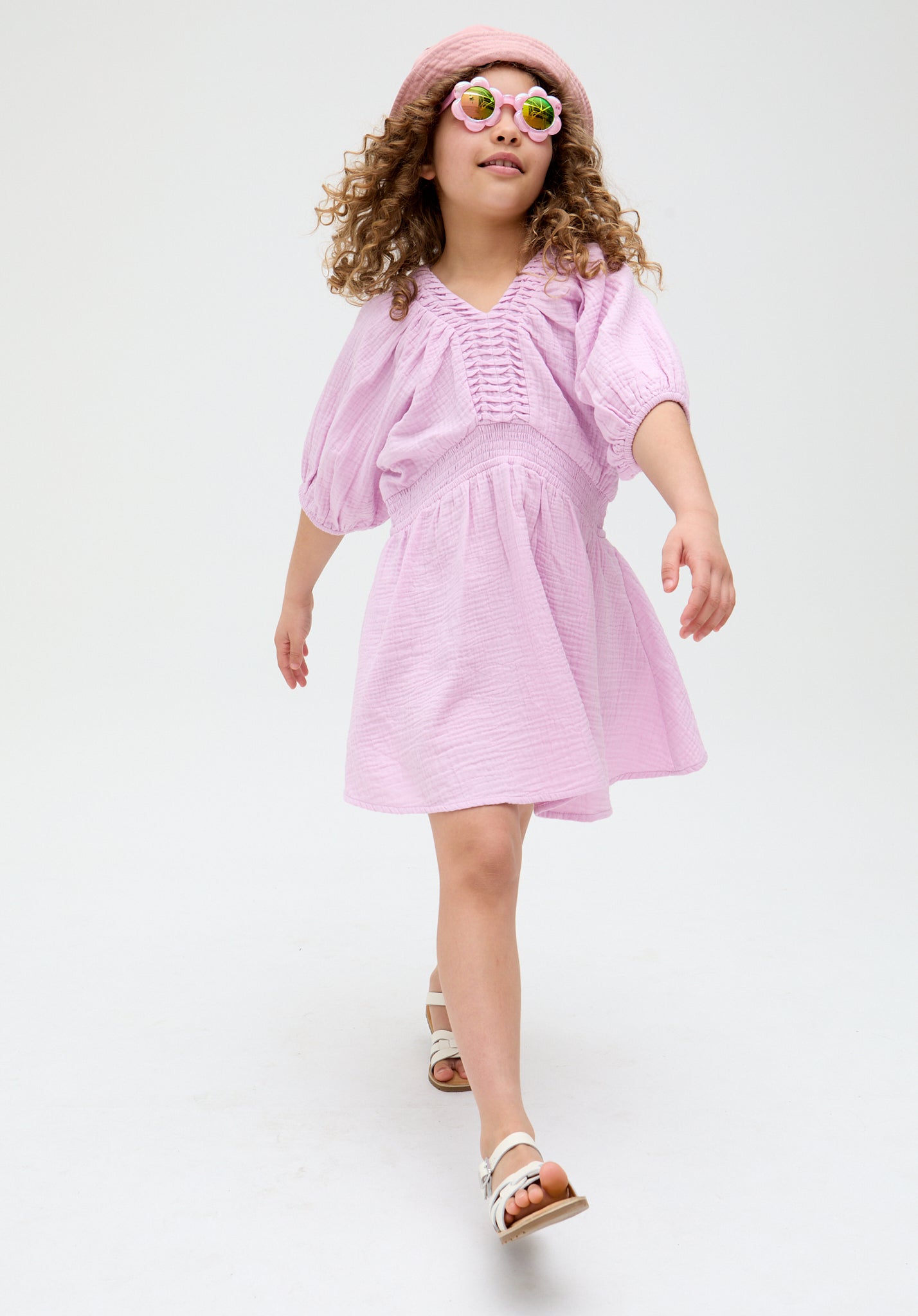 Kids Soipoi Ruched V-Neck cotton Dress In Purple - image 4