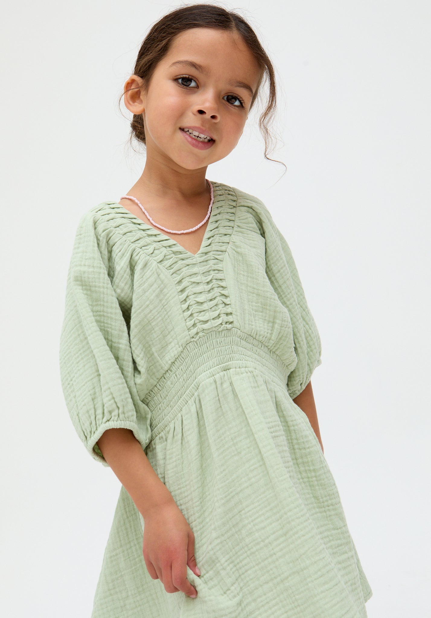 Kids Soipoi Ruched V-Neck cotton Dress In green- image 3