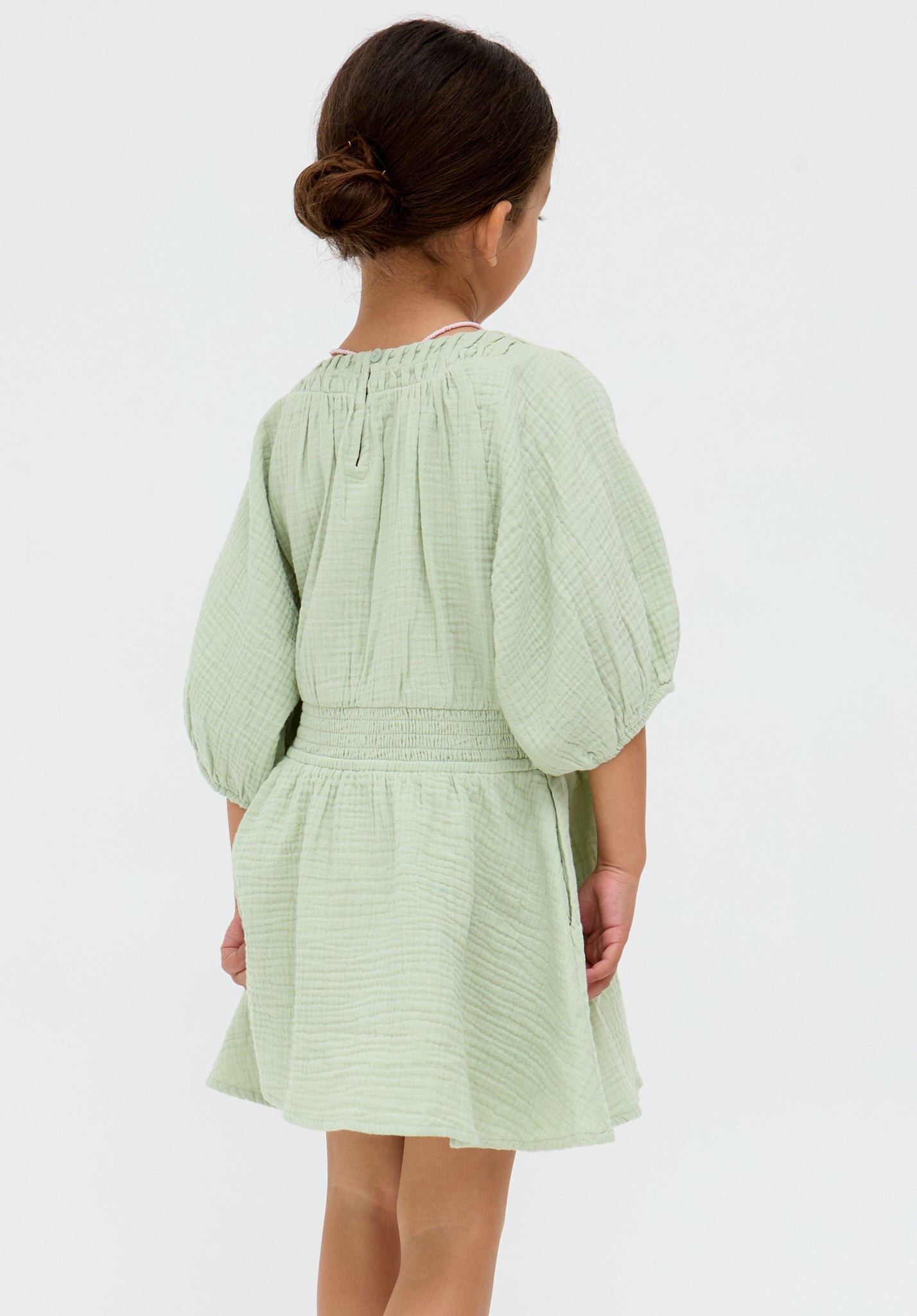 Kids Soipoi Ruched V-Neck cotton Dress In green- image 4