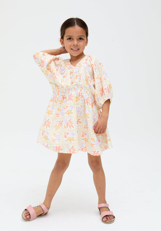 model wearing Kids Soipoi Ruched V-Neck Matisse Print Dress In Multi - image 1