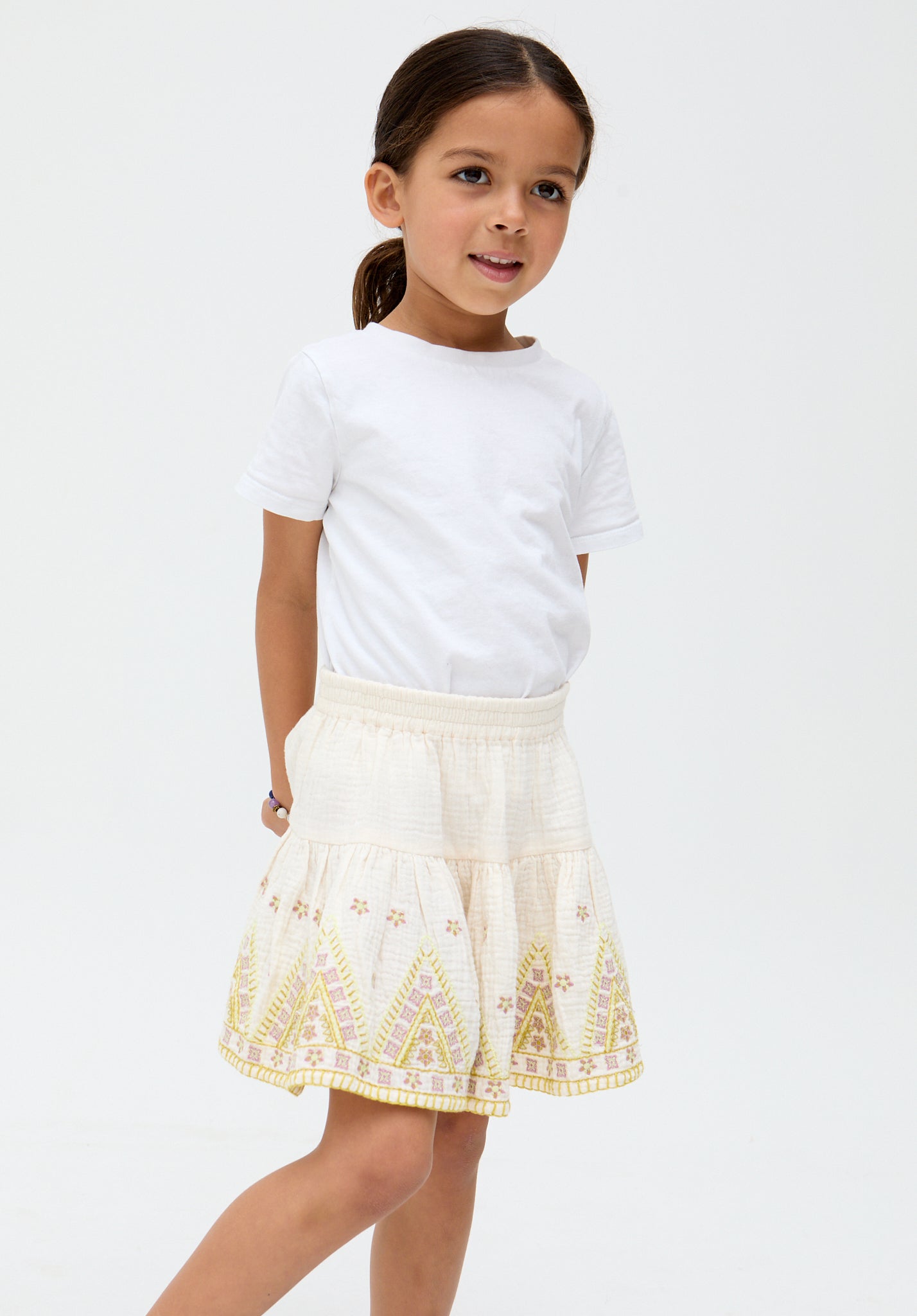 Kids Staranisse Tiered All Over Embroidered cotton Skirt In Cream - image 2