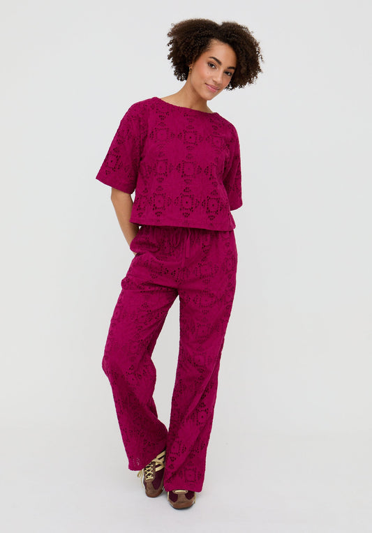 Opal Broderie Anglaise Wide Leg Trouser In Pink