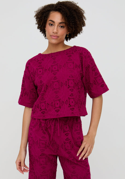 Opal Broderie Anglaise Split Open Back Blouse In PInk