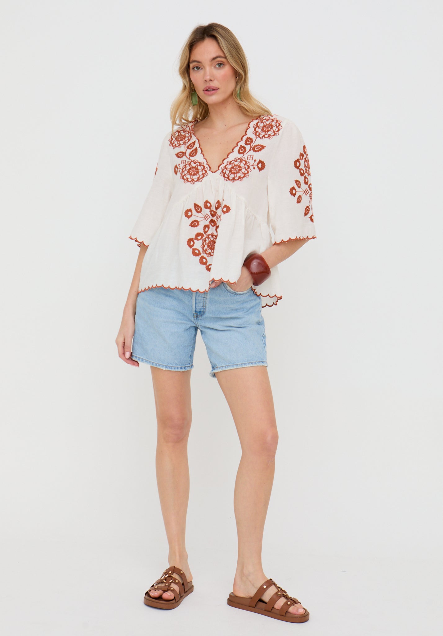 Aubrey V-Neck Embroidered Blouse In Cream