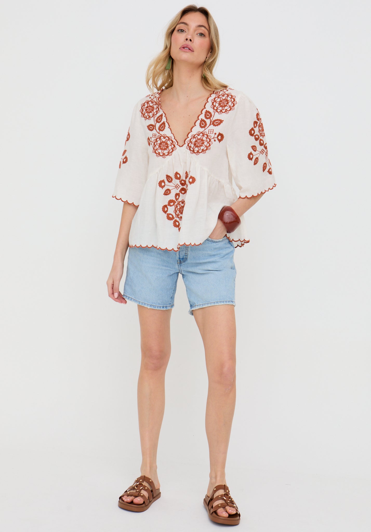 Aubrey V-Neck Embroidered Blouse In Cream