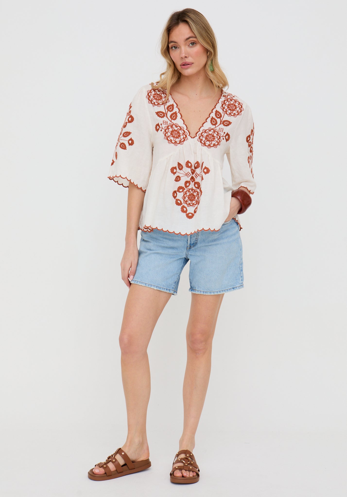 Aubrey V-Neck Embroidered Blouse In Cream