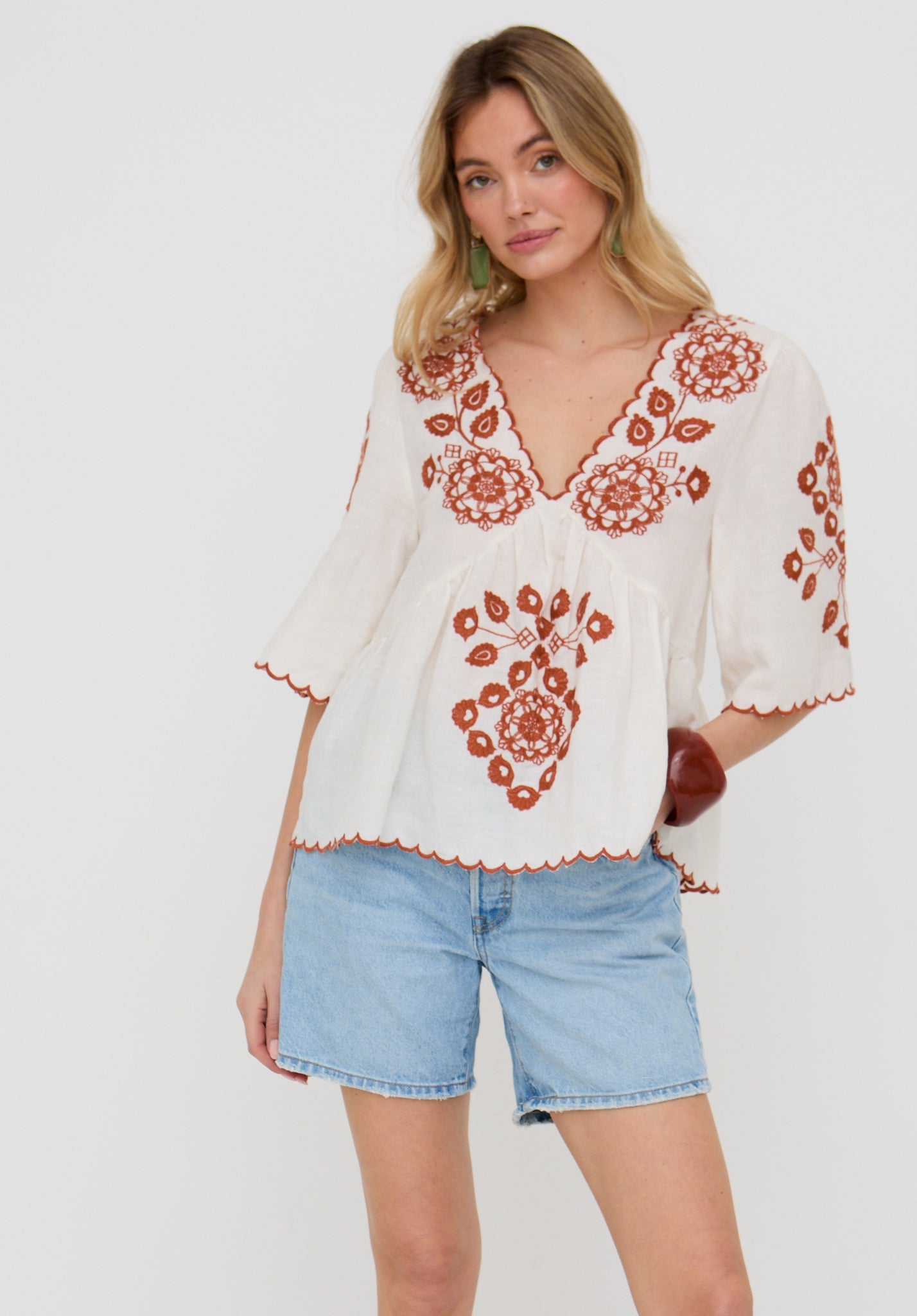 Aubrey V-Neck Embroidered Blouse In Cream