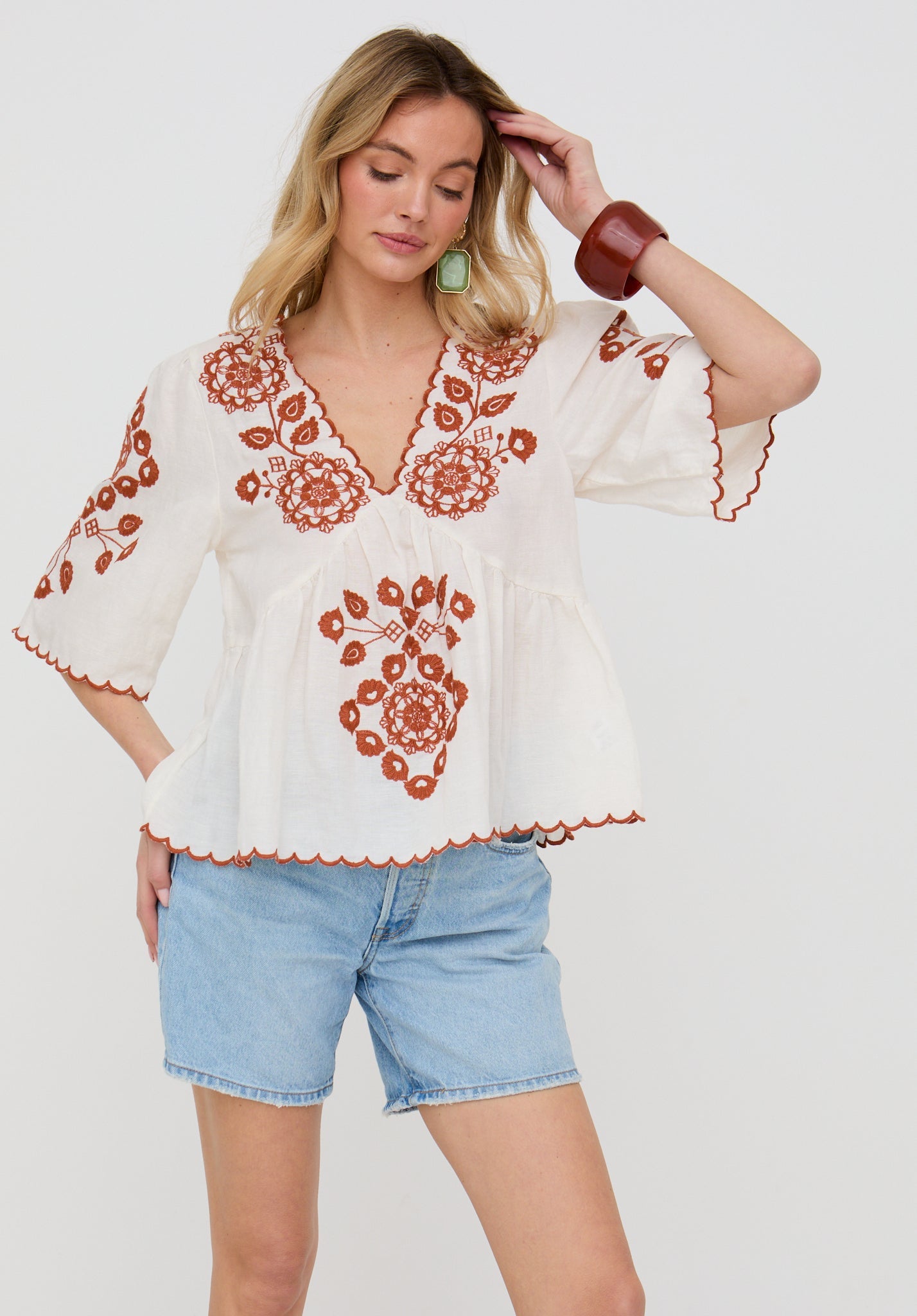 Aubrey V-Neck Embroidered Blouse In Cream