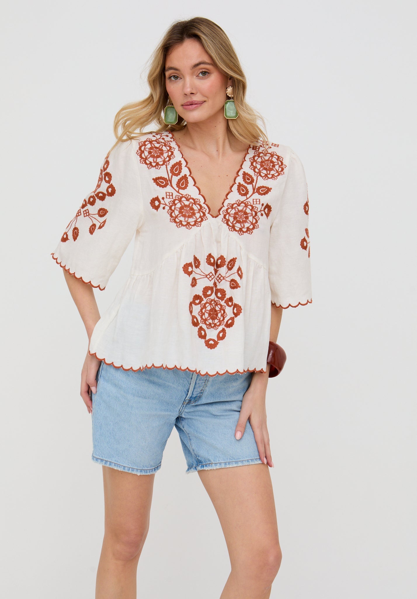 Aubrey V-Neck Embroidered Blouse In Cream