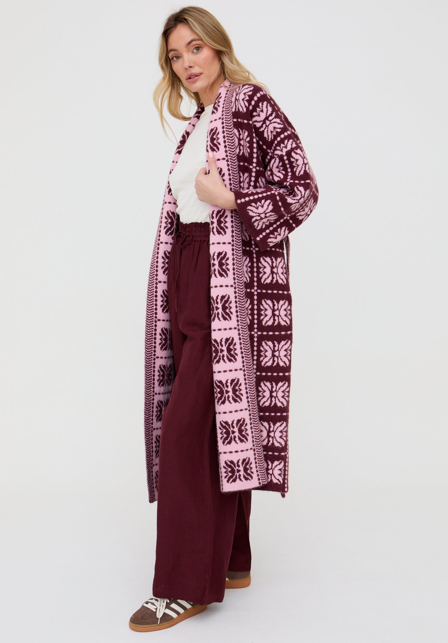 Ally Abstract Print Long Line Cardigan In Pink - image 2