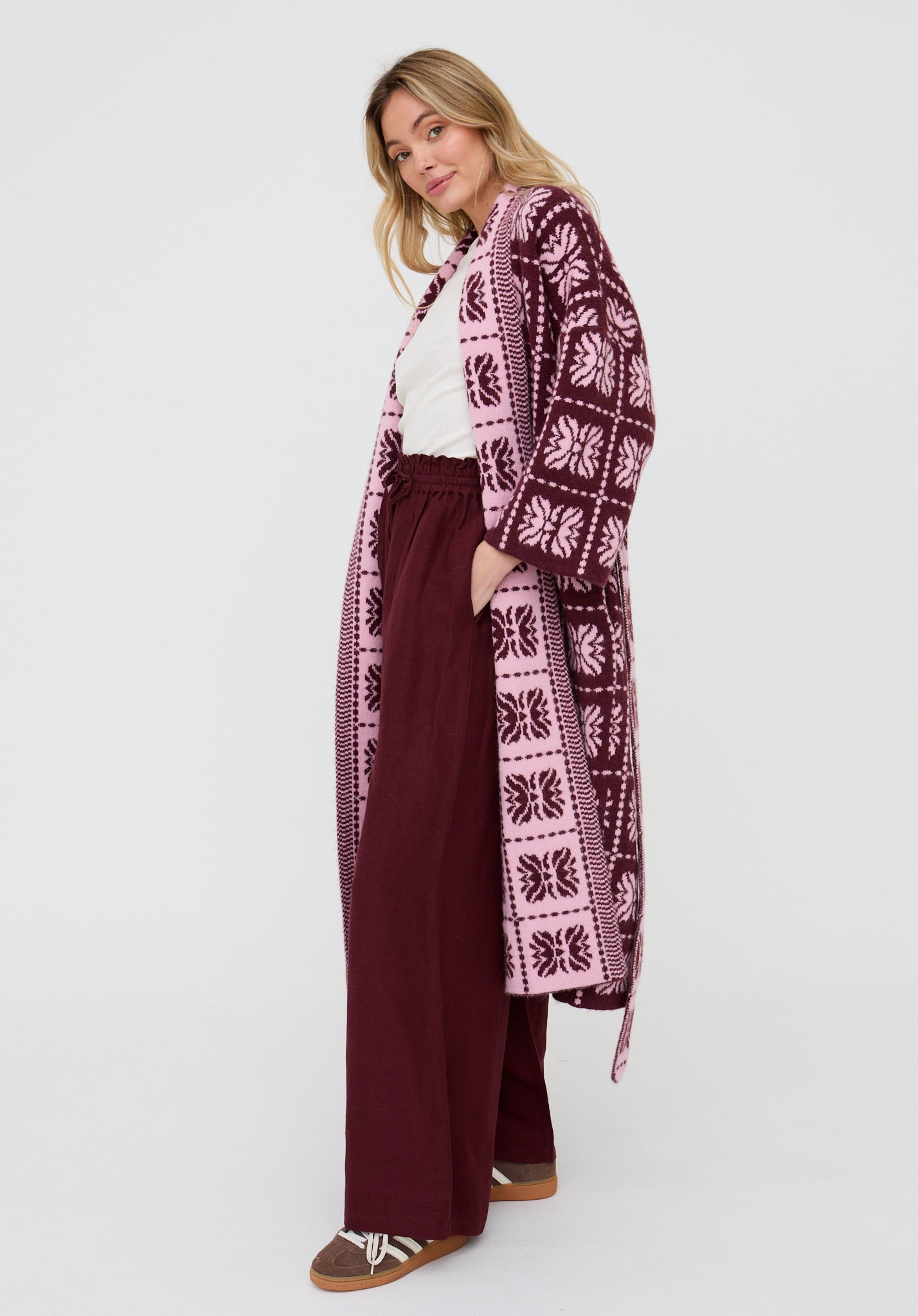 Ally Abstract Print Long Line Cardigan In Pink - image 5