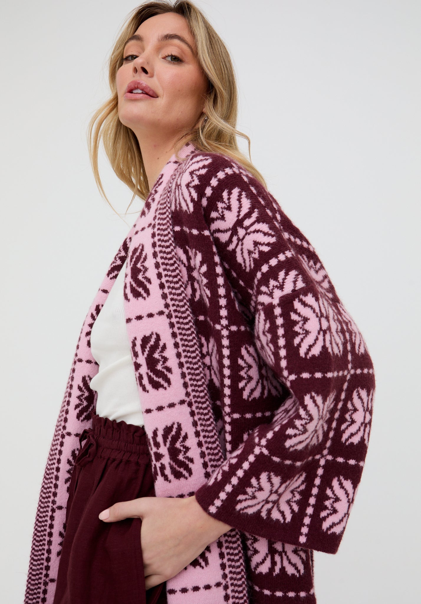 Ally Abstract Print Long Line Cardigan In Pink - image 1