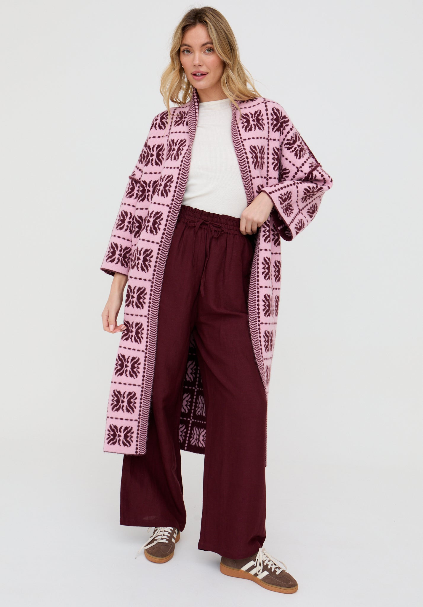 Ally Abstract Print Long Line Cardigan In Pink - image 4