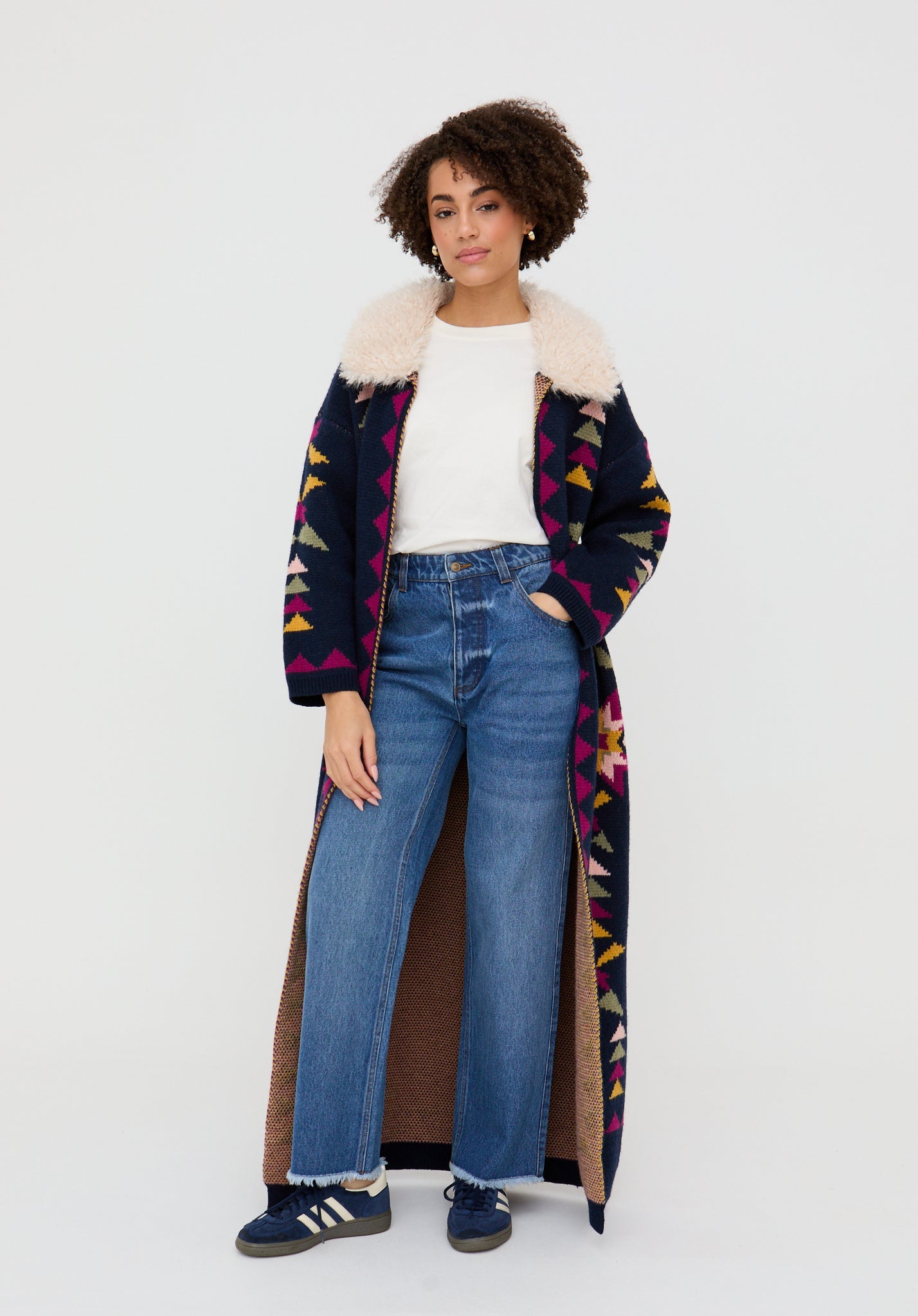 Cathy Jacquard Long Line Cardigan In Navy