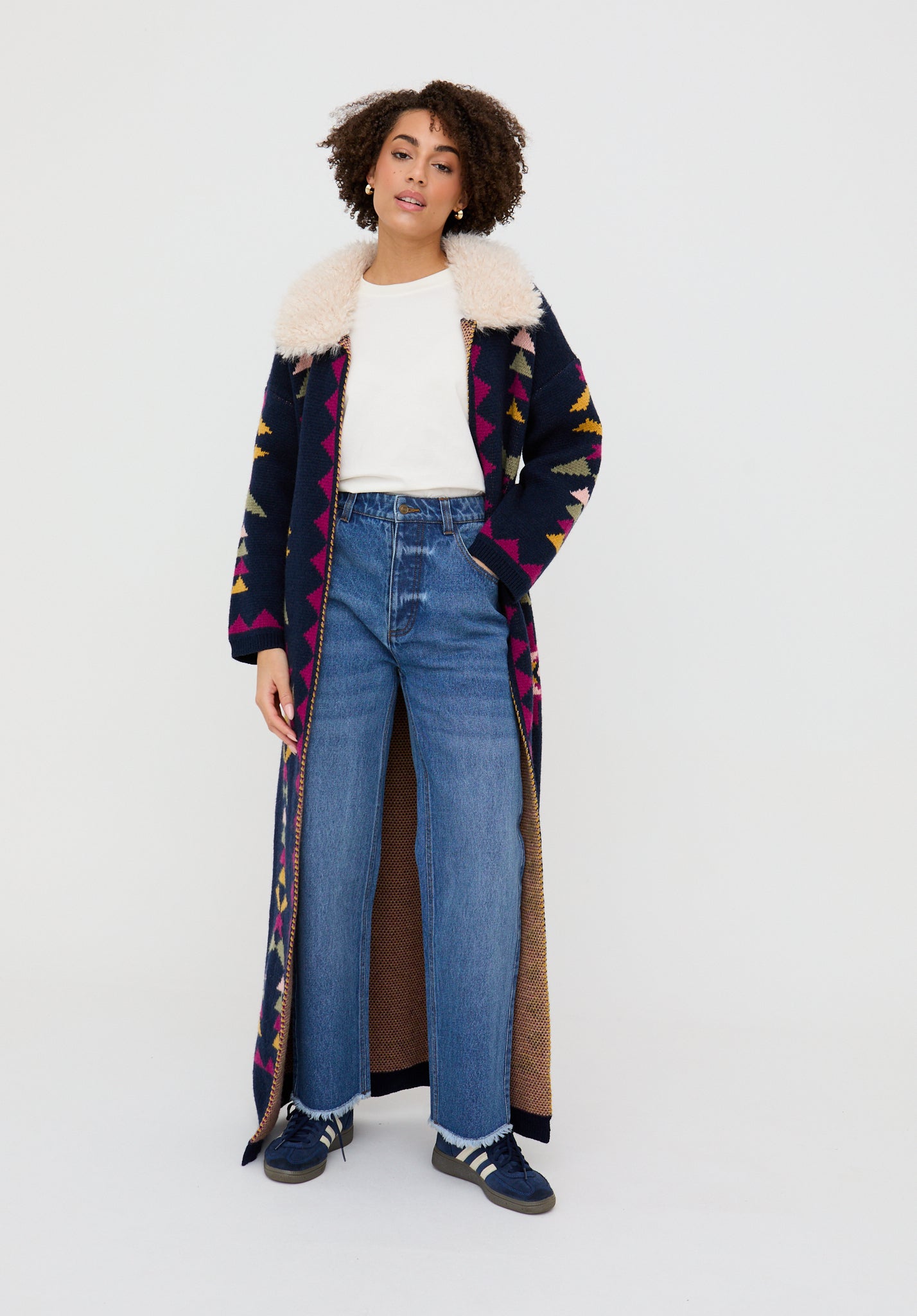 Cathy Jacquard Long Line Cardigan In Navy